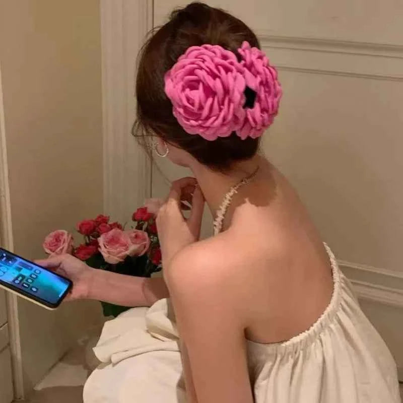 French Romantic Rose Flower Hair Clip Women Elegant Large Shark Clip Hair Claw Ponytail Barrettes Girl Hair Accessories Headwear