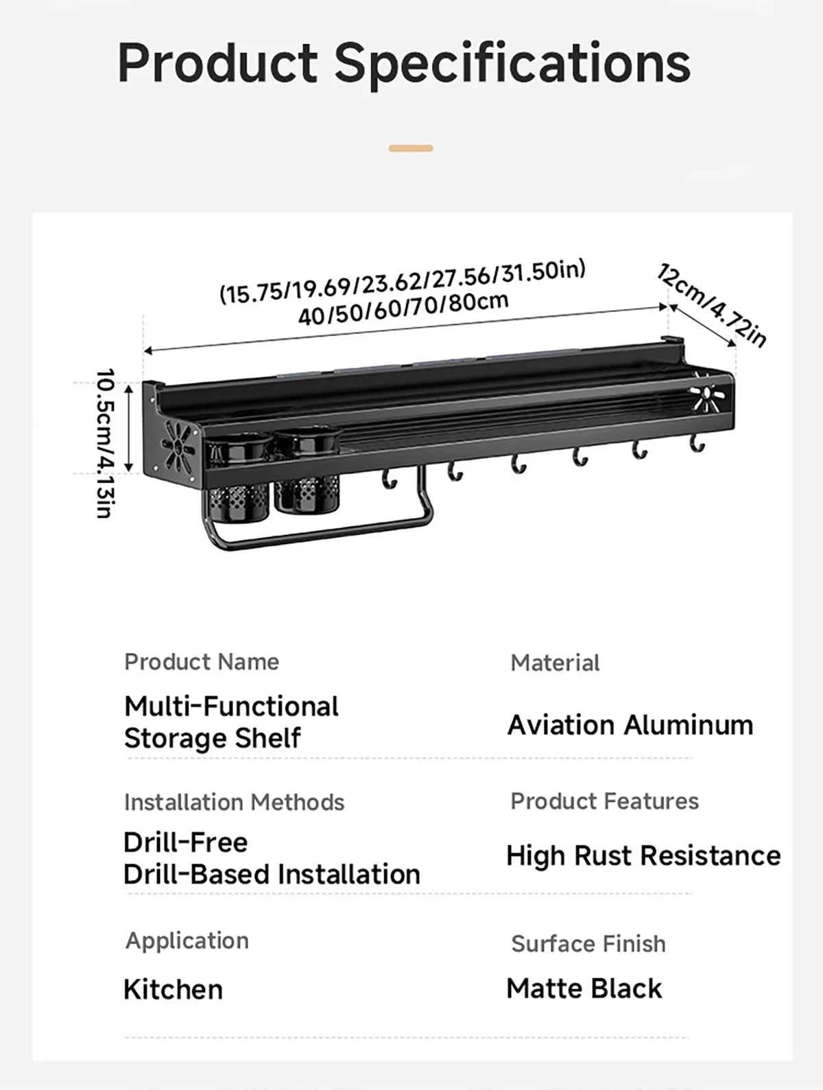 Metal Kitchen Shelf No-Punch Large Capacity Storage Kitchen Utensils Skeletonized Drainage Design Easy to Clean Black