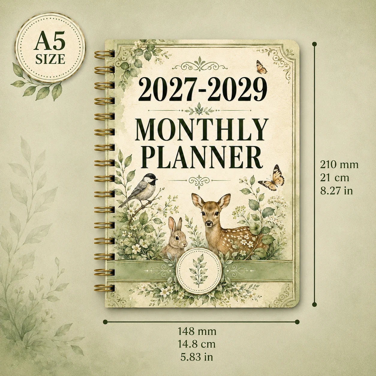 2027-2029 Forest Animal Wind Monthly Plan A5 Spiral Binding Schedule Booklet | Retro Plant Wind Long term Plan Book |