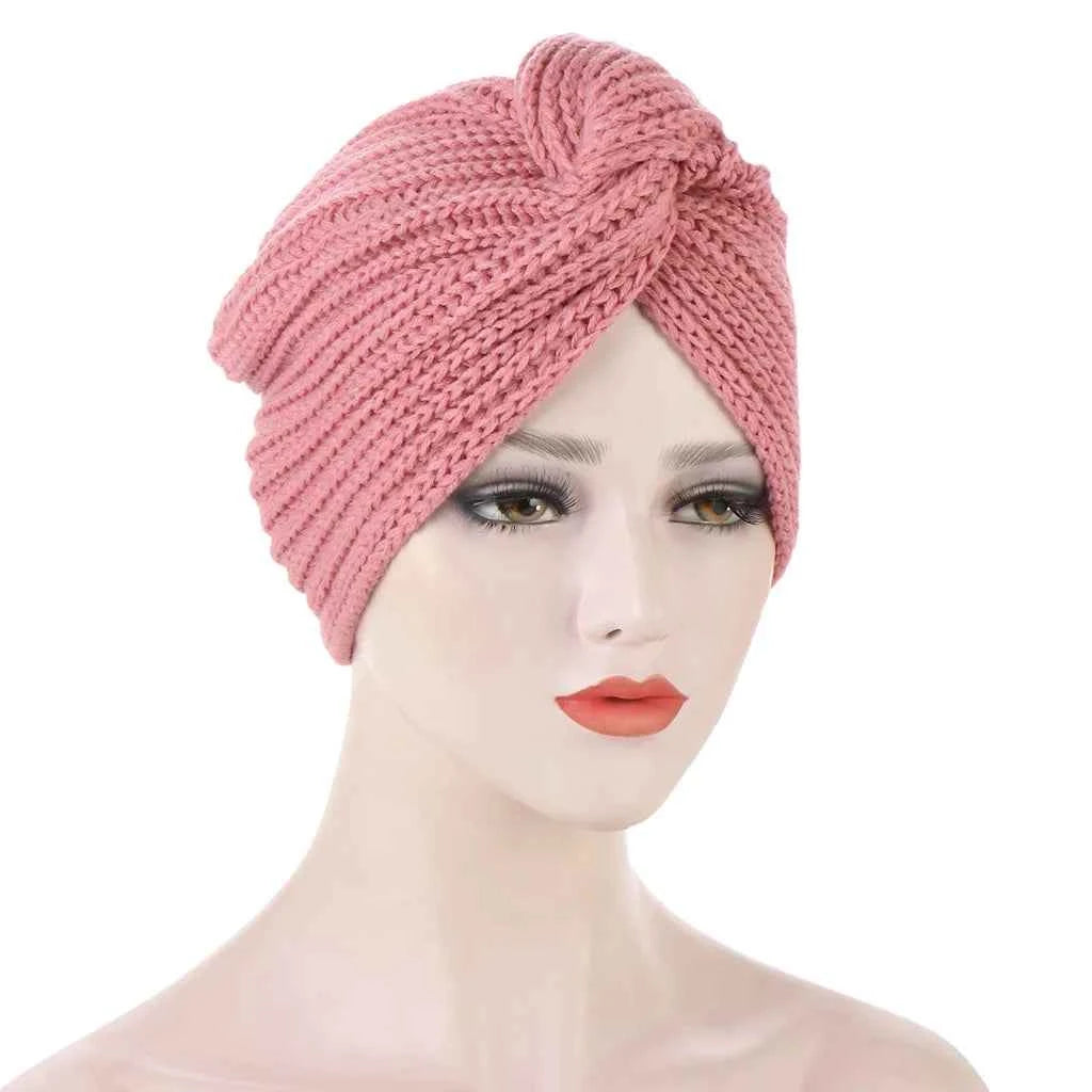 Muslim Fashion Imitation Cashmere Turban Caps for Women Bohemian Style Hijab Caps Indian Hat Solid Color Ladies Knitted Cap