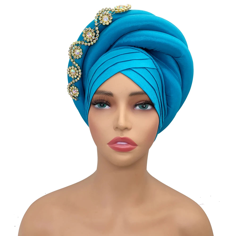 Twisted Braid Turban Cap for Women African Lady Head Wraps Diamonds Nigeria Raw Silk Autogele Headtie Muslim Hat Party Headwear - NamafadStore