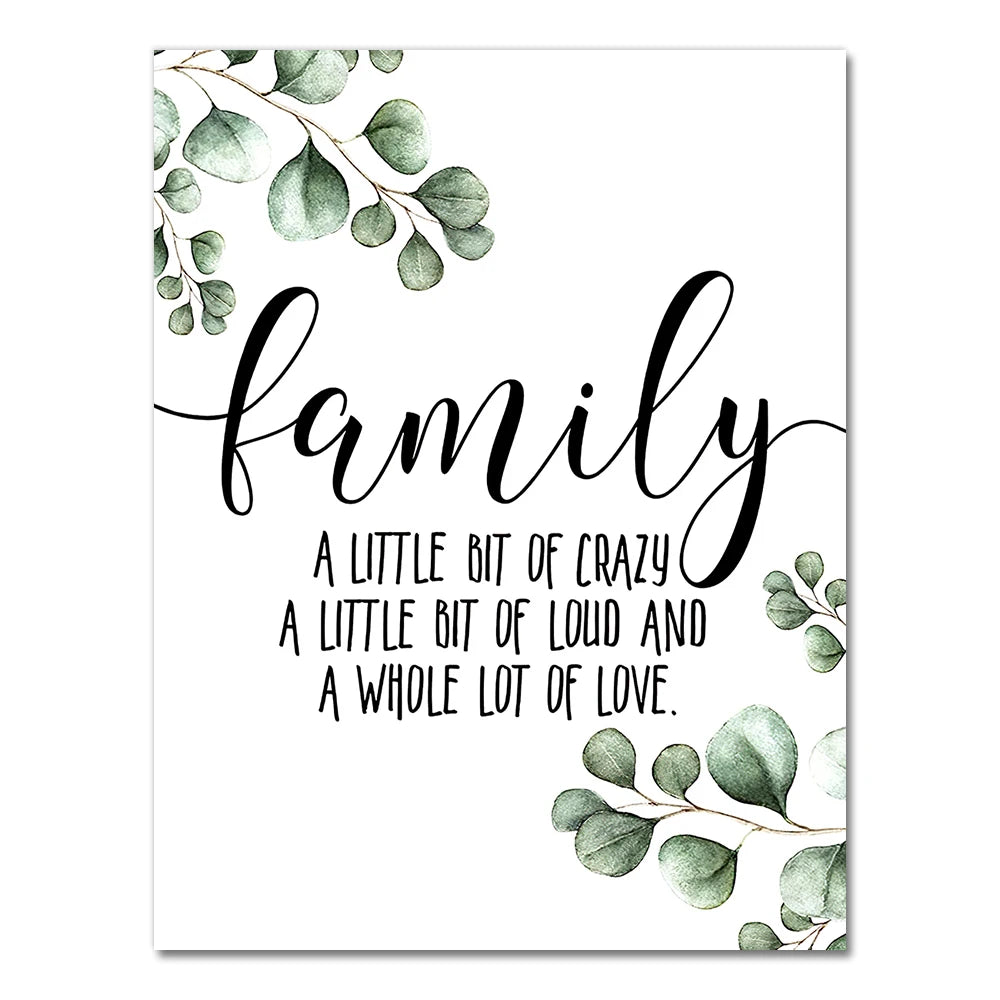 Family Simple Quote Picture Green Leaves Poster Black White Wall Art Canvas Painting Nordic Style Modern Print for Living Room
