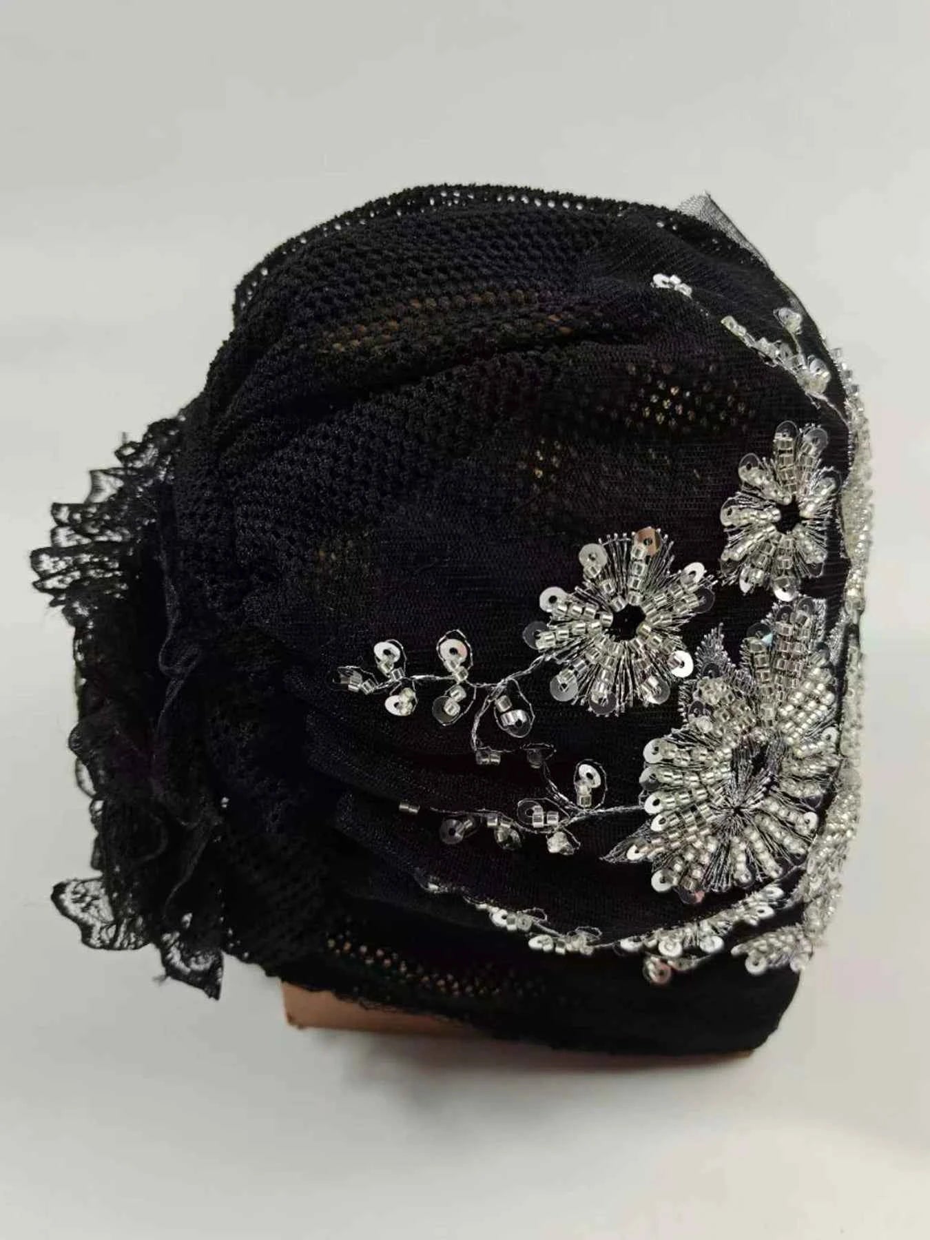 African Female Wrap Head Bonnet Muslim Turban Hat Lady Head Wraps Glitter Luminescence Beading Pleated Turban Cap for Women