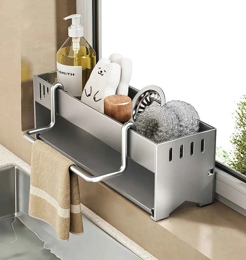 1pc Stainless Steel Kitchen Storage Rack Large-capacity Rag Sponge Draining Rack Household Sink Storage Rack Kitchen Organizer