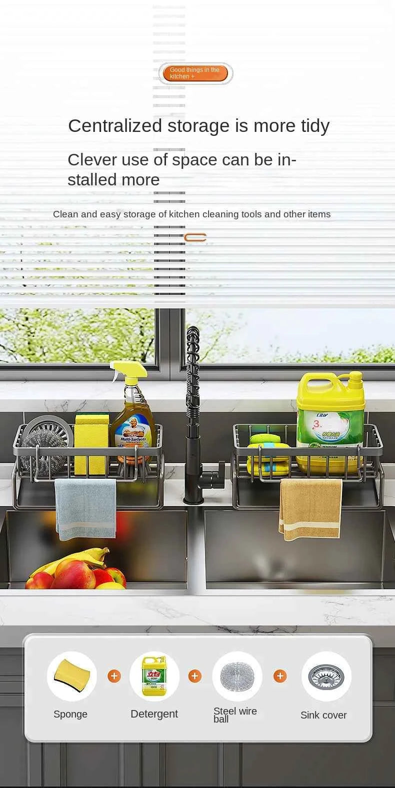 Kitchen stainless steel shelf, sponge drain rack, sink drainage rack, dishwashing supplies, dishcloth storage, drainage rack