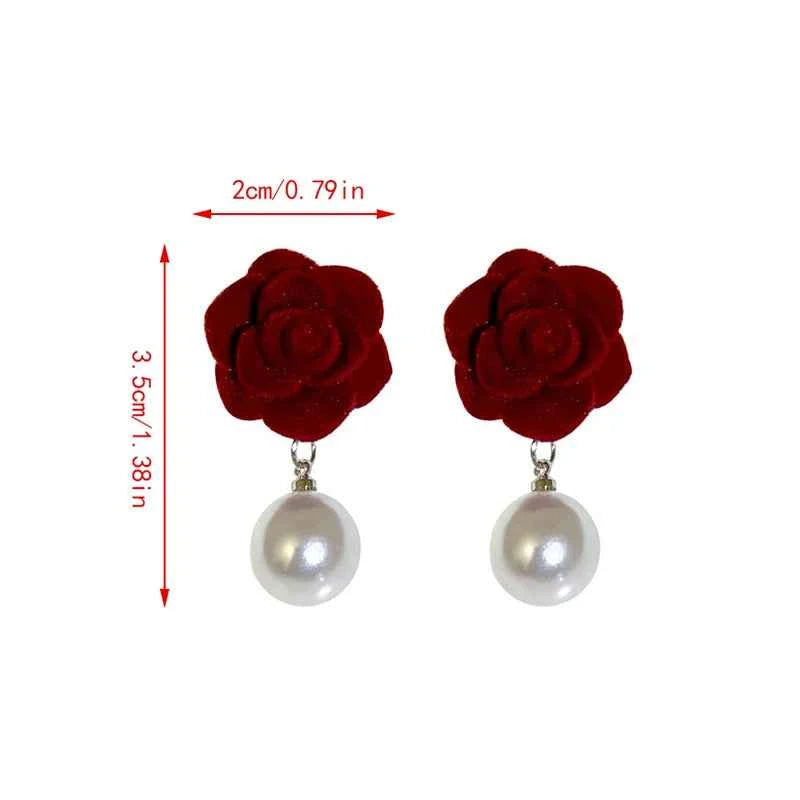 1Pair Wine Red Pearl Rose Flower Earrings Retro Wedding Ear Studs Chinese New Year Jewelry Earring