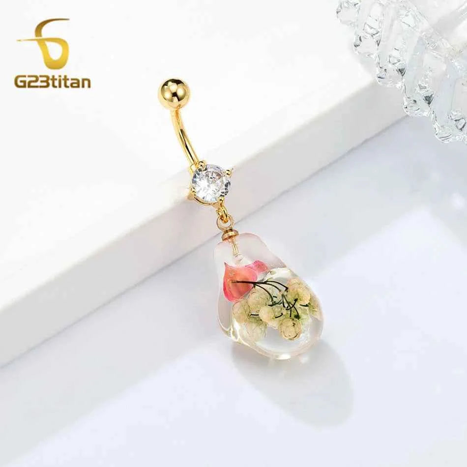 Transparent Resin Flower Charm Dangle Belly Button Ring 14G Allergy Free Titanium Bar Navel Piercing Women Summer Beach Jewelry