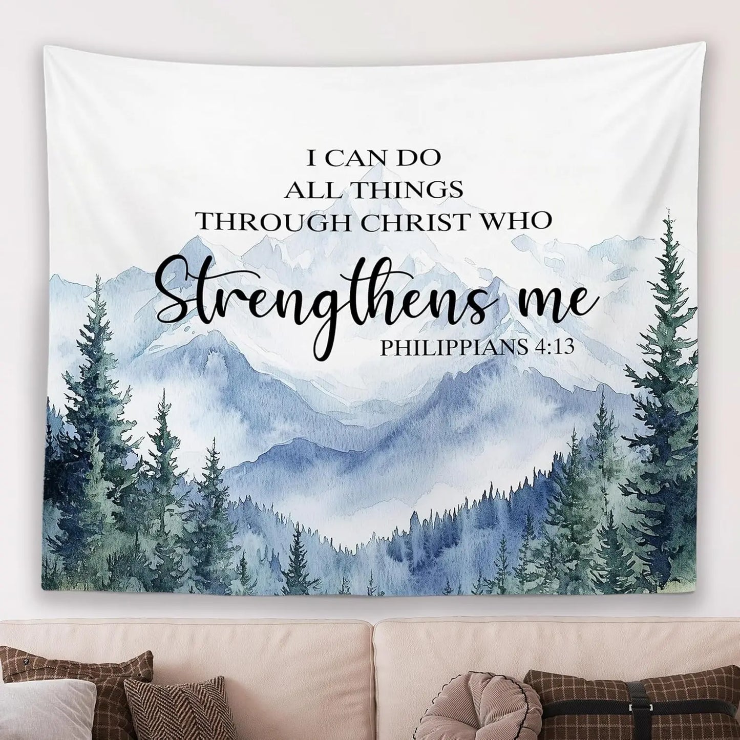 Christian Fall Mountian Wall Tapestry Hanging for Bedroom, Bible Verse I Can Do All Things Tapestries,Watercolor Autumn Orange