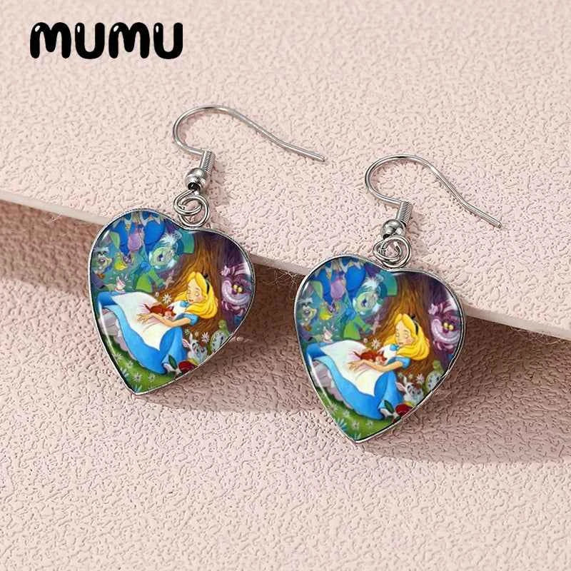 2024 New Alice in Wonderland Dangle Earring Heart Shaped Earrings Handmade Glass Dome Jewelry Gifts Fans