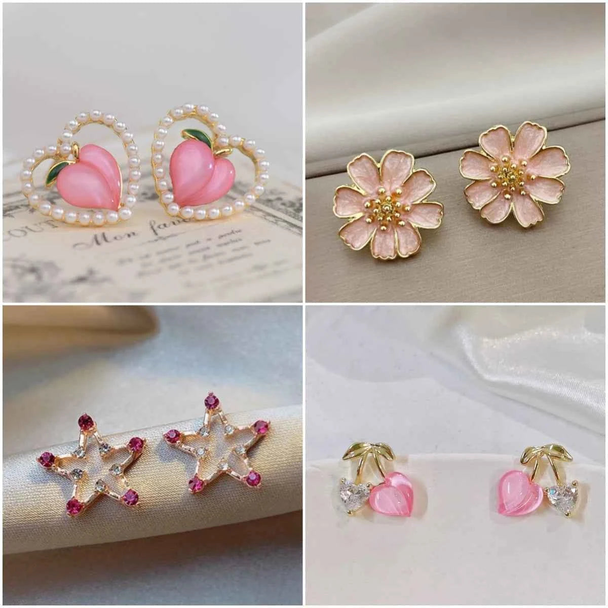 Fashion Pink Crystal Heart Flower Earrings for Women Cute Party Romantic Hollow Leaf Peach Triangular Cherry Pearl Ear Jewelry