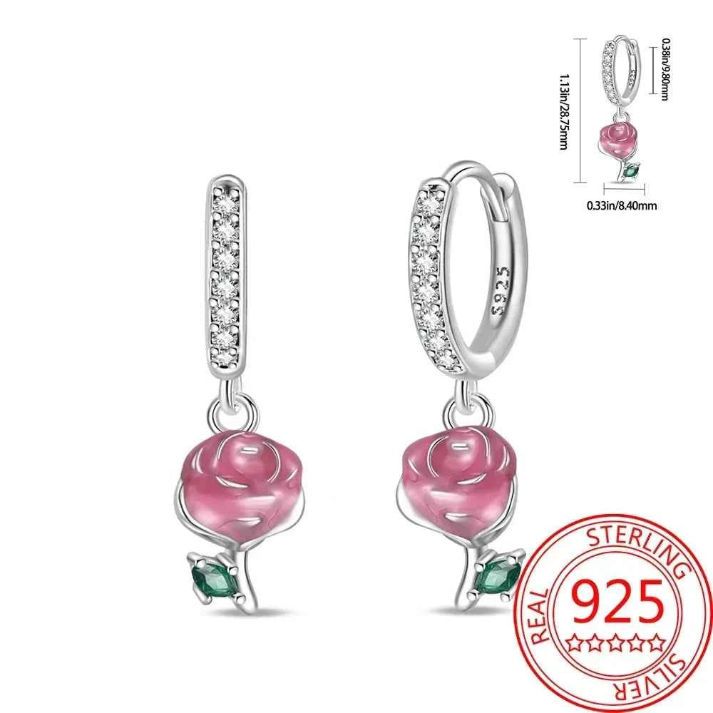 Pink Series 925 Sterling Silver Romantic Flower Butterfly Unicorn Tulip Geometry Earrings Boutique Fine Jewelry Gifts for Women