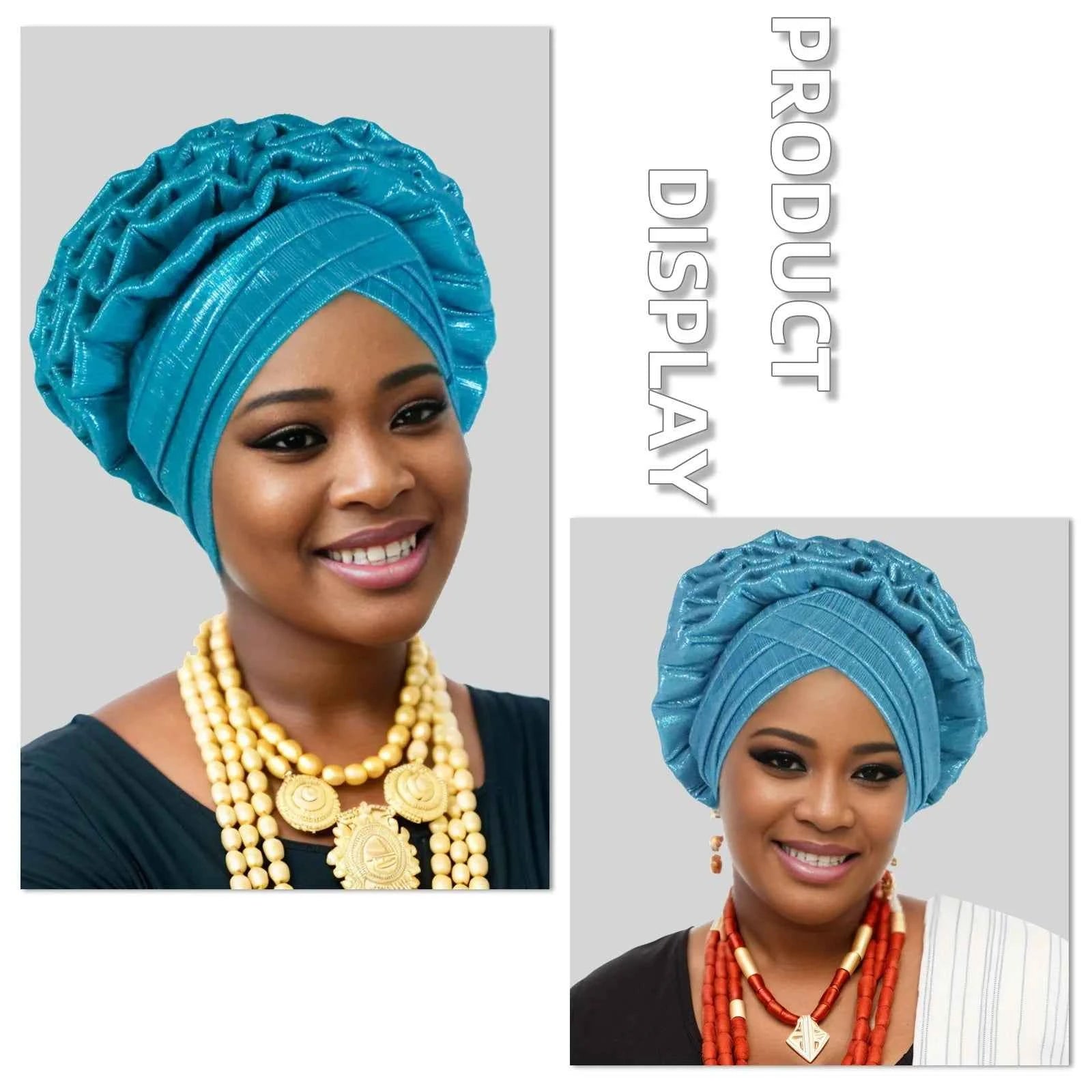 New Fashion African Auto Gele Headties Muslim Glitter Ruffled Turban Hijab Bonnet Nigerian Wedding Festival Baotou Hat for Woman