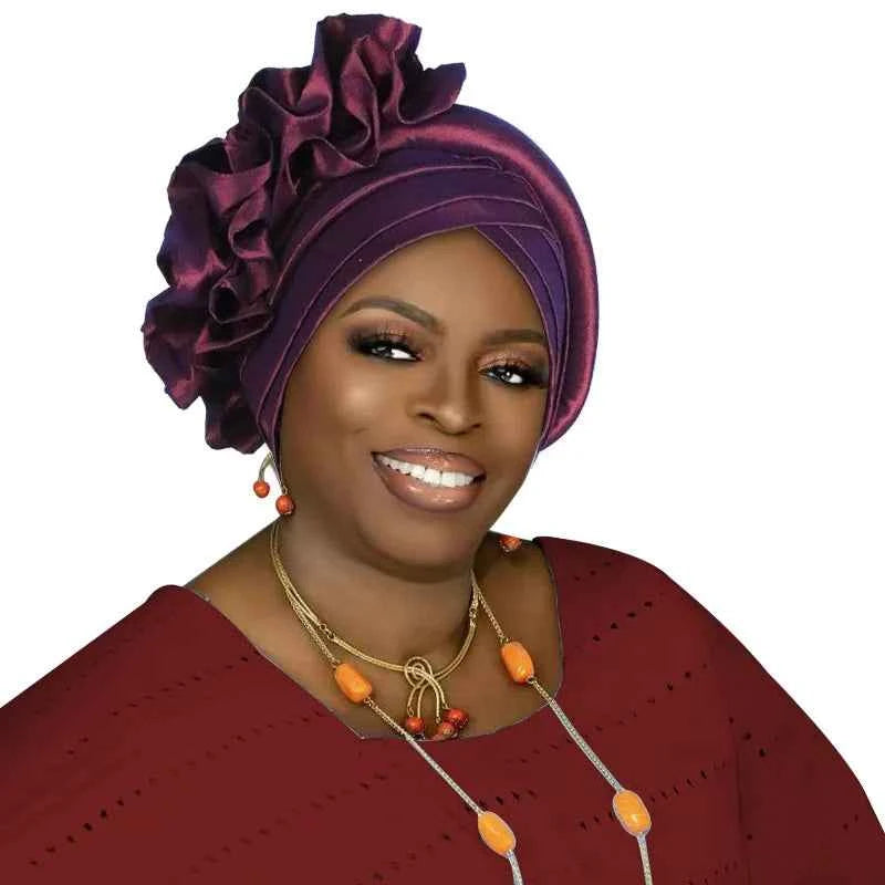 Ruffled Turban Cap for Women African Lady Head Wraps Bonnet Nigeria Female Headtie Wedding Party Headgear