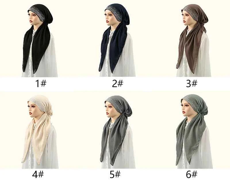 Fashion Diamond Cotton Elastic Headband Cap For Woman Muslim Hijab Hat Lady Fashion Instant Scarf Islamic Turban