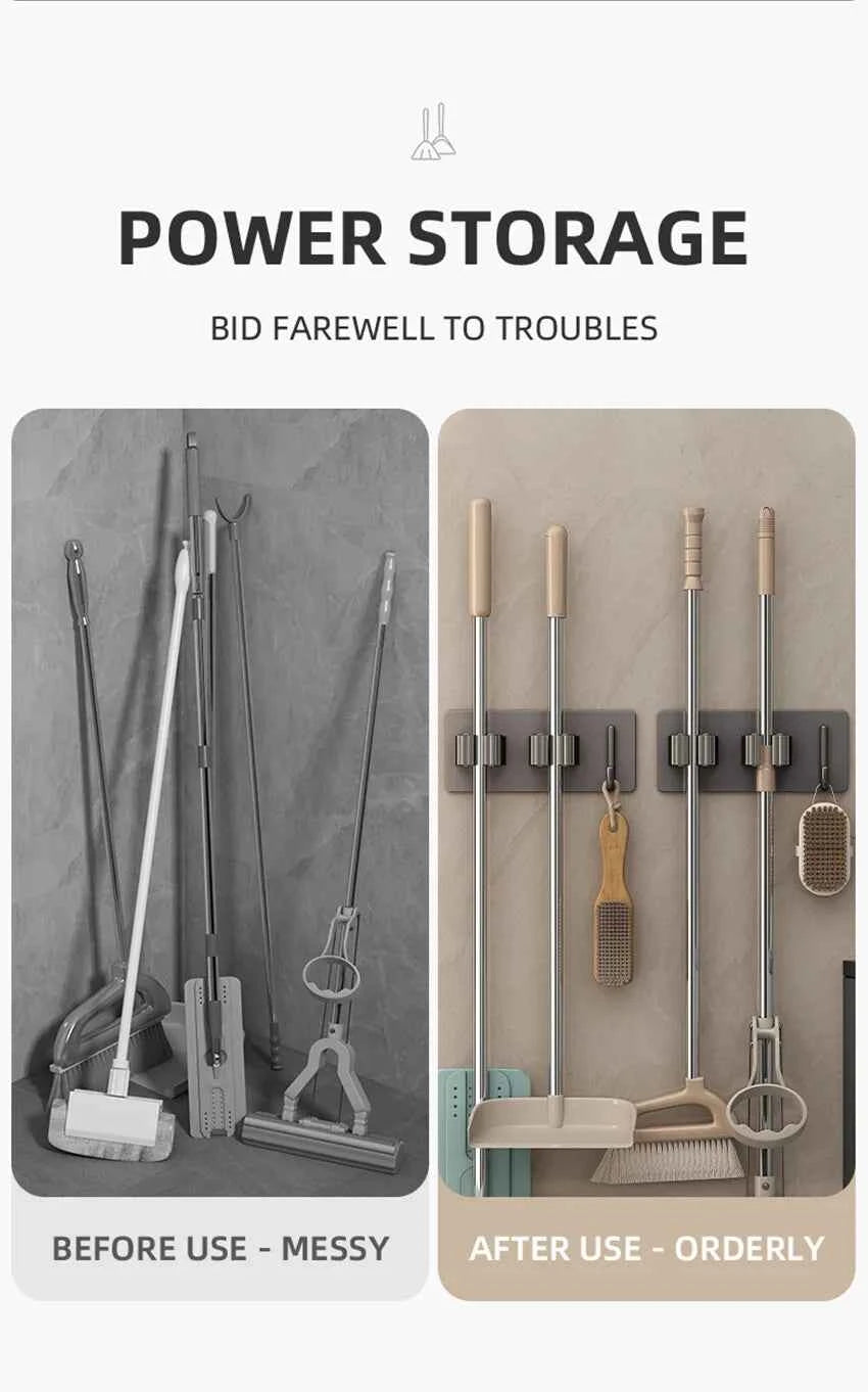 304 Stainless Steel Mop Holder Wall Mounted Adhesive Multi-Purpose Hooks Household Storage Organizer Rack Broom Hanger Stick
