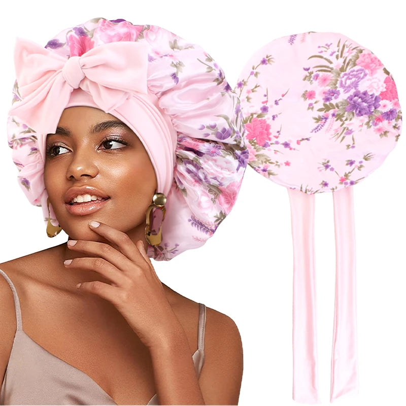 New Flower print Silky Bonnet For Sleeping Satin Hair Bonnet With Tie Band Hair Cover Night Shower Cap For Natural Curly Hair - NamafadStore