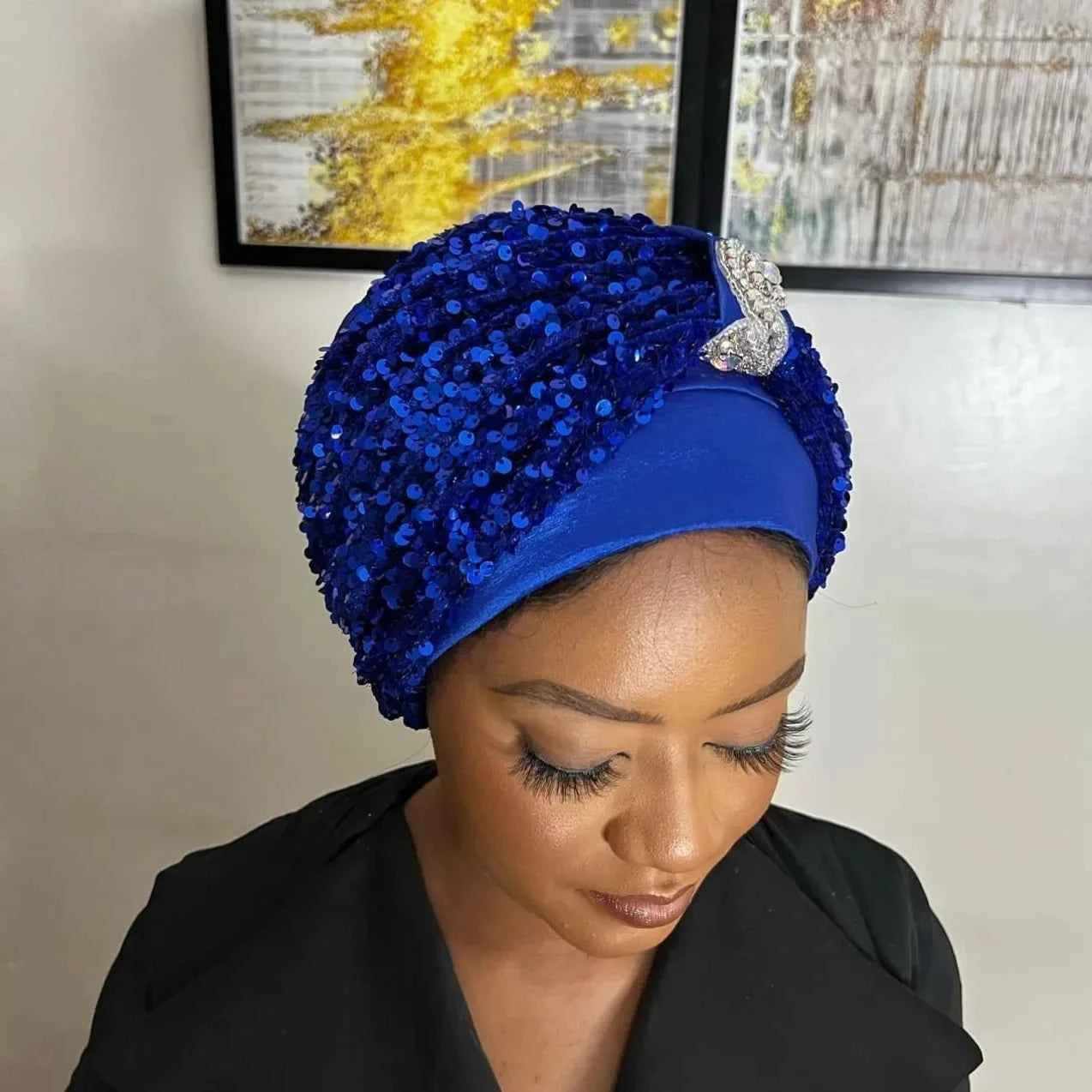 Sequin African Headtie Summer Autumn African Solid Color Party Evening Headtie African Turbans for Women Outfits Caps