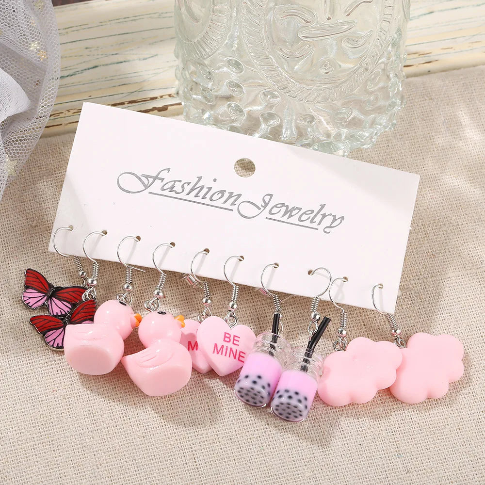 New Sweet Cartoon Dopamine Earrings Set For Women Colorful Cute Duck Butterfly Star Pig Drop Earring Party Earrings Jewelry Gift