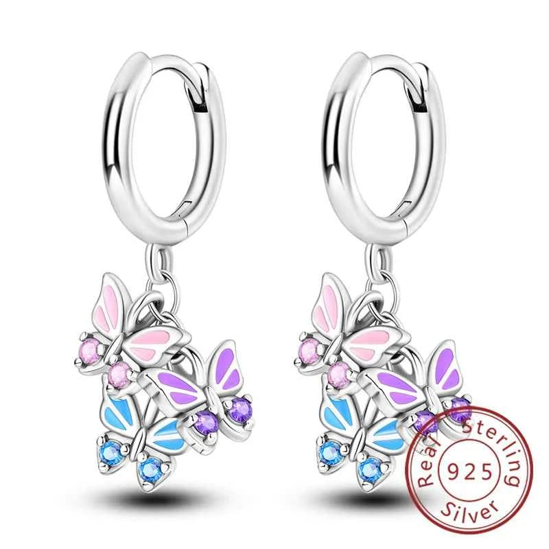 New Original 925 Sterling Silver Hoop Earrings Purple Zircon Flowers Butterflies Studs Earring For Women Wedding Engagement Gift