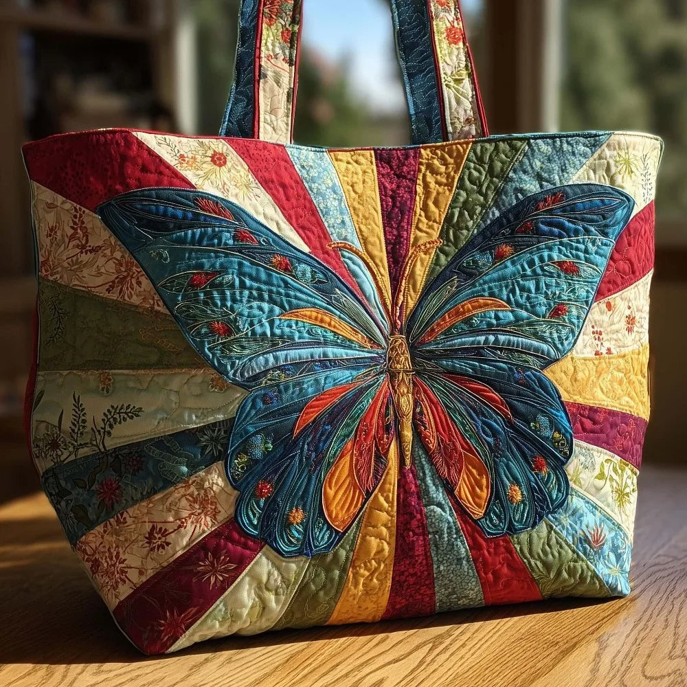 Butterfly Patterns Women Quilted Tote Bag 3D Printed Patterns Lightweight Canvas Shoulder Bag Cotton Vintage Shopping Bag