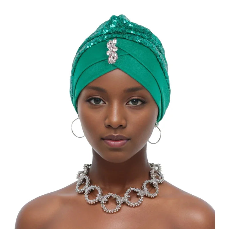 Muslim Headscarf Cap Lady Headwrap Hat Turbante Mujer Sequins Turban Cap for Women Cross Forehead Wrap Head Bonnet - NamafadStore