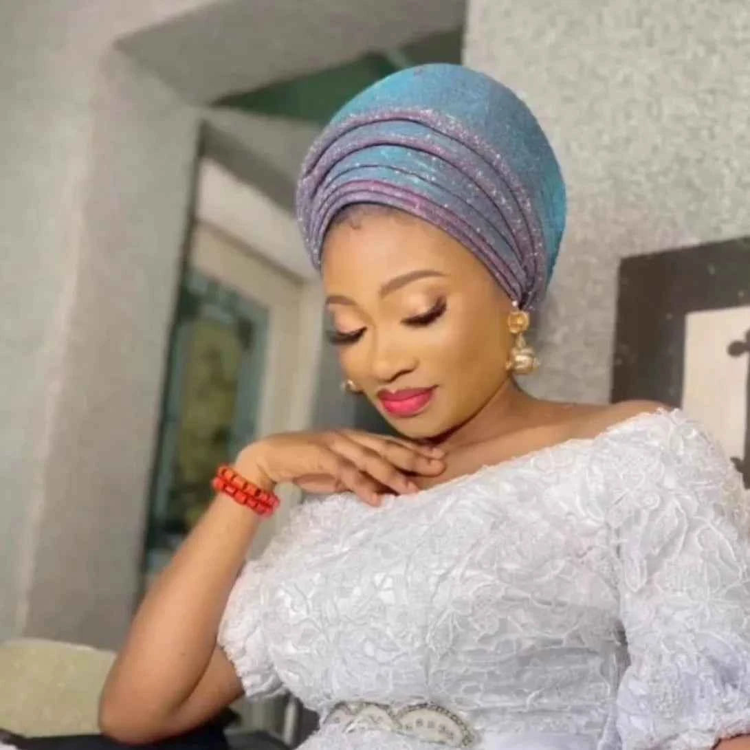 Glitter Fabric Turban Cap for Women African Pleated Head Wraps Nigeria Party Wedding Gele Lady Headscarf Bonnet