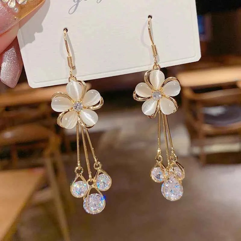 New Exquisite Zircon Opal Flower Earrings For Women Shiny Rhinestone Long Tassel Earring Girls Wedding Party Temperament Jewelry
