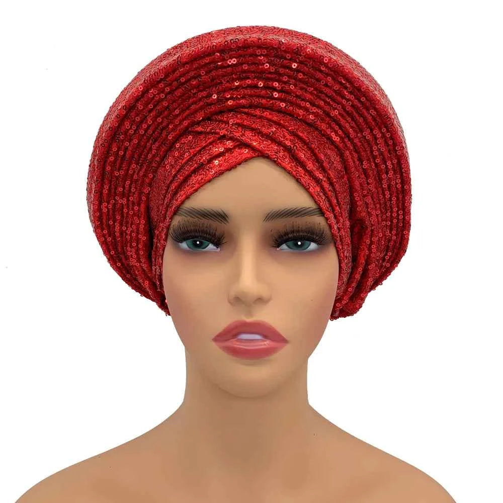Sequins Auto Gele Headtie African Women's Head Wraps Fashion Turban Cap Nigeria Wedding Geles Already Made Head Ties Headpiece