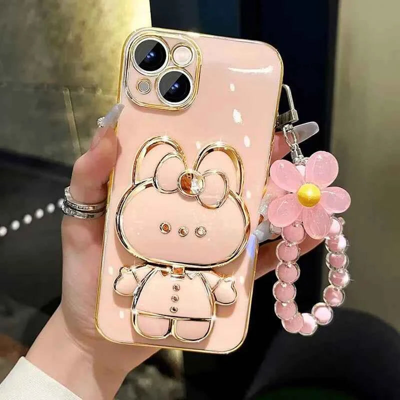 Bead bracelet Rabbit Mirror Rabbit Flower Strap Case For iPhone 16 Pro Max 15 Plus 14 13 12 11 SE 2022 Electroplated Kickstand