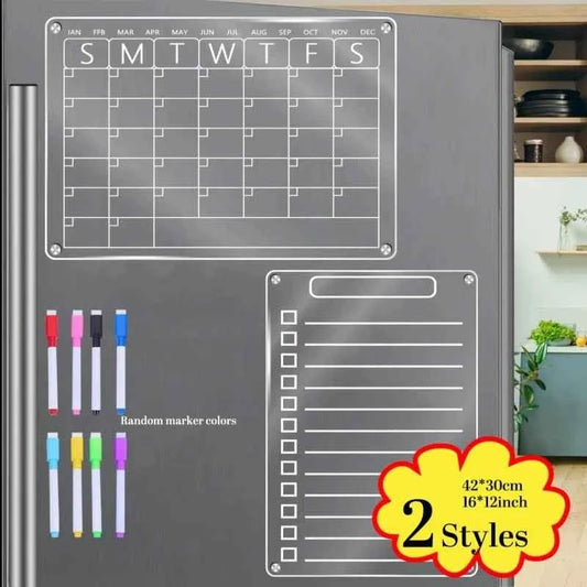 Magnetic acrylic fridge calendar with monthly grid and dry-erase weekly notes, gray board