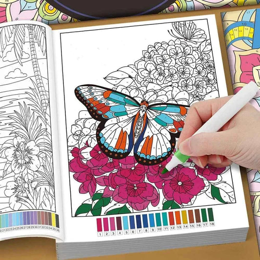 Adult color-by-number book page with butterfly, flowers, and color key tabs at bottom