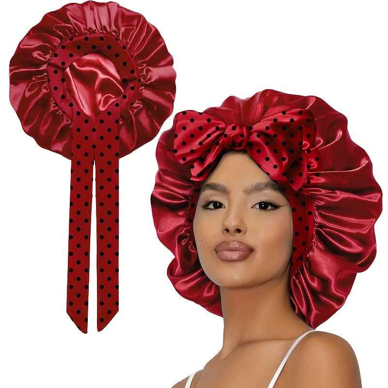 [Bohemian Bonnet] 1pc Soft Polyester Bohemian Style Adjustable Satin Bonnet | Long Ribbons, Sleep Cap, Fashionable Hair Care Bath Hat | No Fragrance
