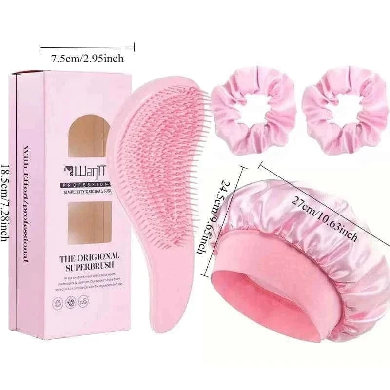 2/4Pcs Hair Care Set Scalp Massage Detangling Comb + Satin Sleep Cap + 2 Hair Scrunchies, Anti-Frizz Hair Accessories for Women
