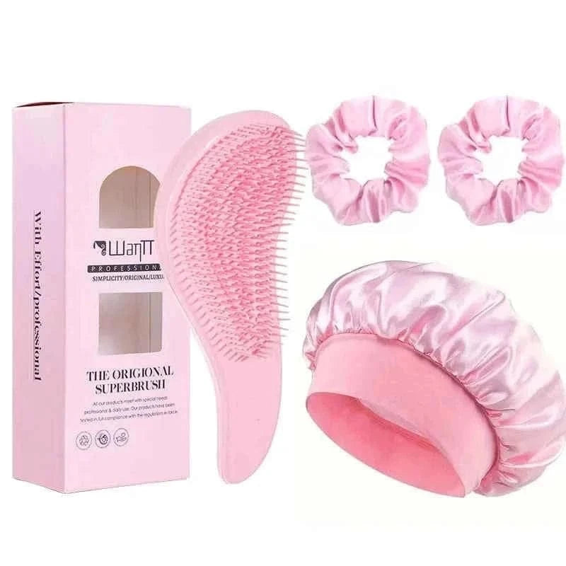 2/4Pcs Hair Care Set Scalp Massage Detangling Comb + Satin Sleep Cap + 2 Hair Scrunchies, Anti-Frizz Hair Accessories for Women
