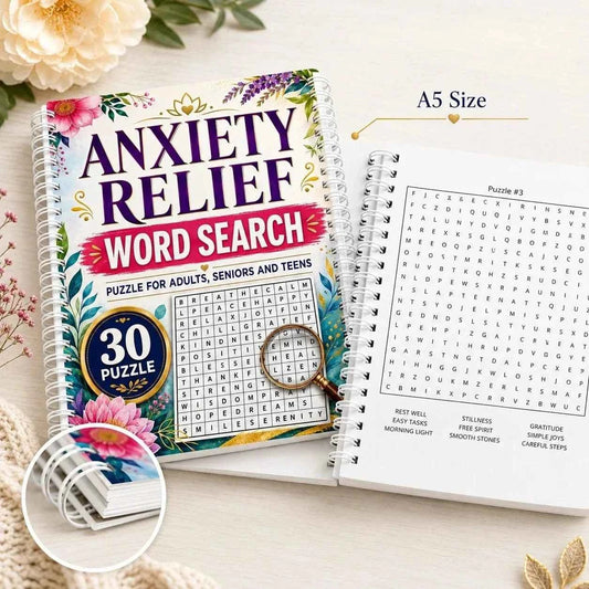 A5 word search book with floral cover, spiral binding, and 30 puzzles
