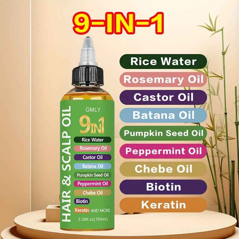 [9-in-1 Hair Oil] 9-in-1 Hair Oil with Rice Water, Rosemary Oil, Castor Oil, Batana Oil, Pumpkin Seed Oil, Peppermint Oil, Chebe Oil, Biotin, Keratin | Moisturizing Smoothness for All Hair Types, Split Ends, Deter Hair Breaka
