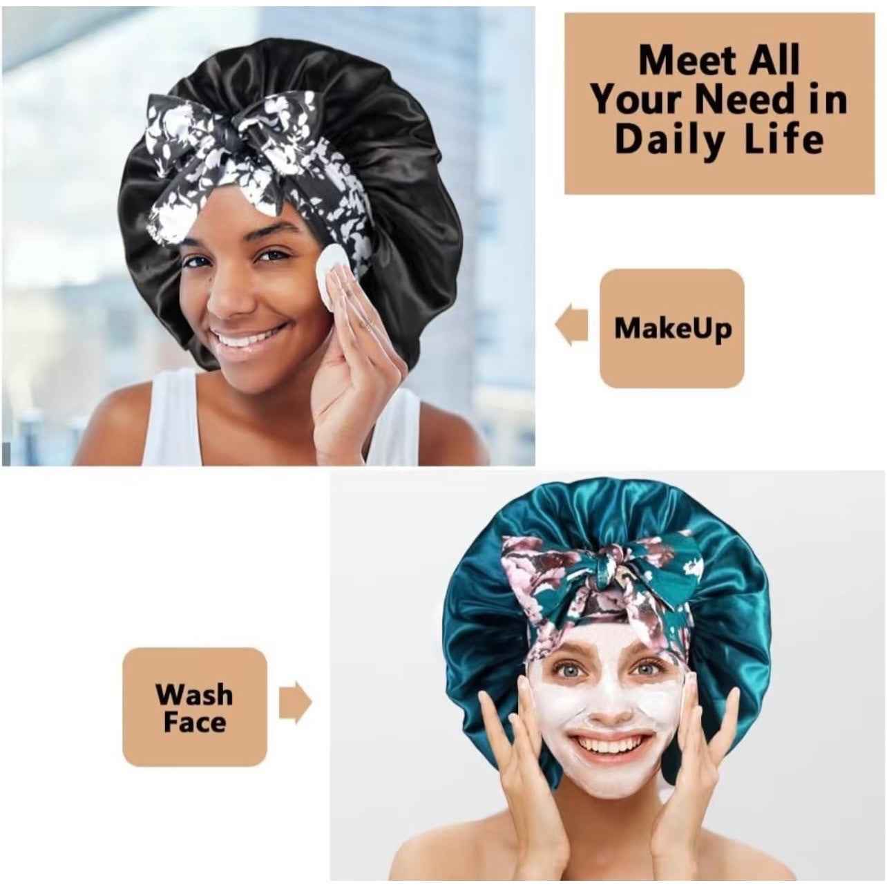 Printed Satin Satin Ladies Enlarged Sleeping Hat Breathable Ladies Sleeping Hat Fixed Adjustable Elastic Shower Cap Bonnet Casual Comfortable Hair Care Bonnet, Soft Sleeping Bonnet for Women & Girls