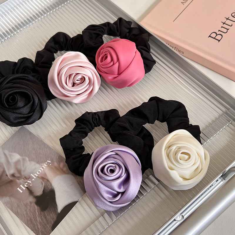 Handmade Satin Rose Hair Ring – High Elasticity Elegant Hair Accessory for Women