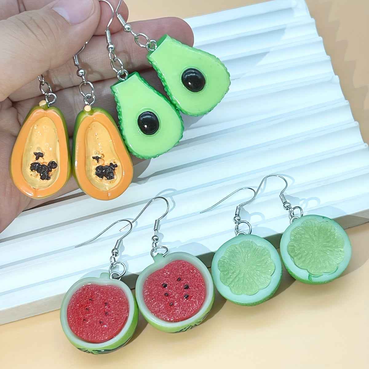 4 Pairs of Cute Resin Watermelon, Lemon, Avocado, and Papaya Funny Pendant Earrings Set for St, Patrick'S Day