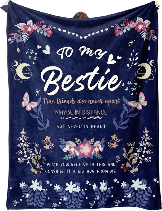 Navy best friend throw blanket with floral border and large "Bestie" lettering
