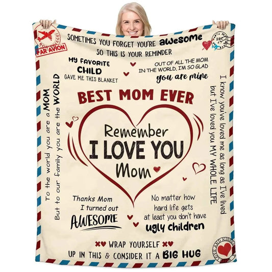 Mom gift blanket, cream with red plaid border and heart text 'Remember I LOVE YOU Mom'.