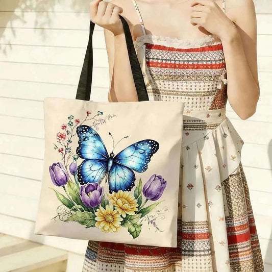 1pc Watercolor Blue Butterfly Floral Canvas Tote Bag – Vibrant Botanical Print with Tulips, Daisies & Wild Sprigs, Eco-Friendly