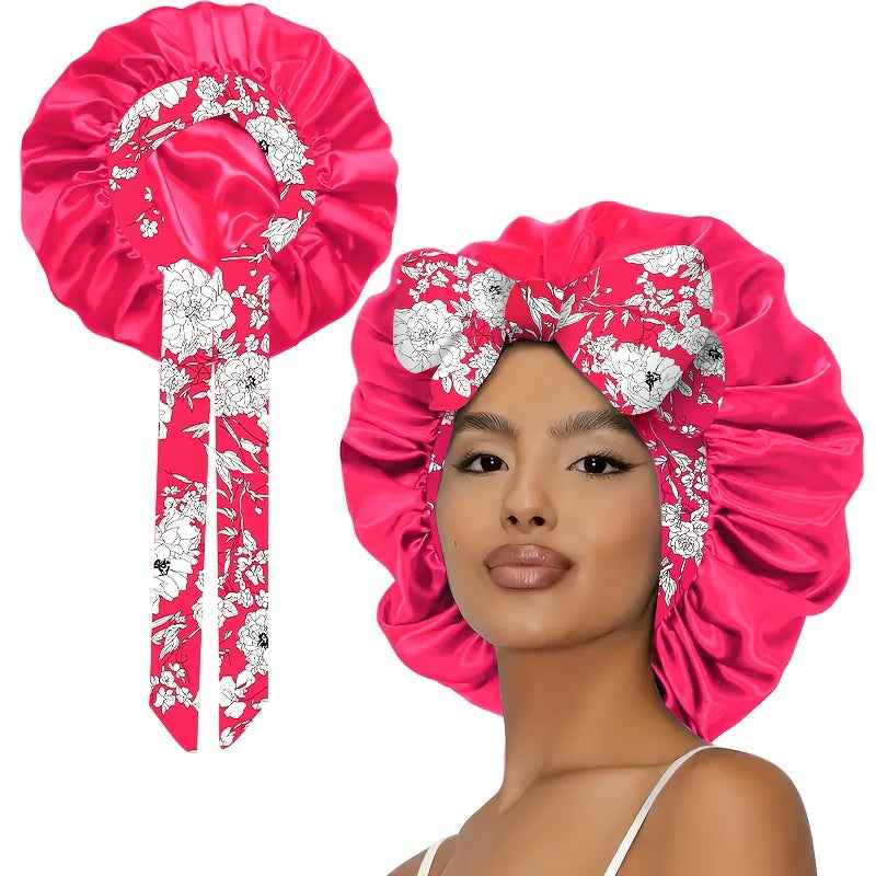 [Bohemian Bonnet] 1pc Soft Polyester Bohemian Style Adjustable Satin Bonnet | Long Ribbons, Sleep Cap, Fashionable Hair Care Bath Hat | No Fragrance