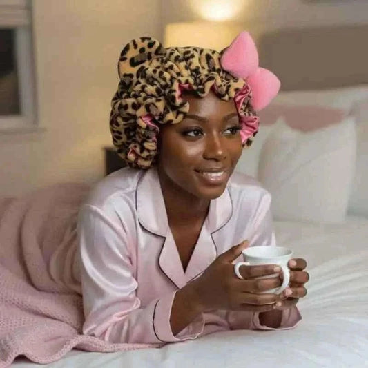 Quick Dry Cat Ear Hair Towel Leopard Print Hair Wrap with Bow for Bath Sleep Cap Satin Lining Frizz Control for Curly Hair