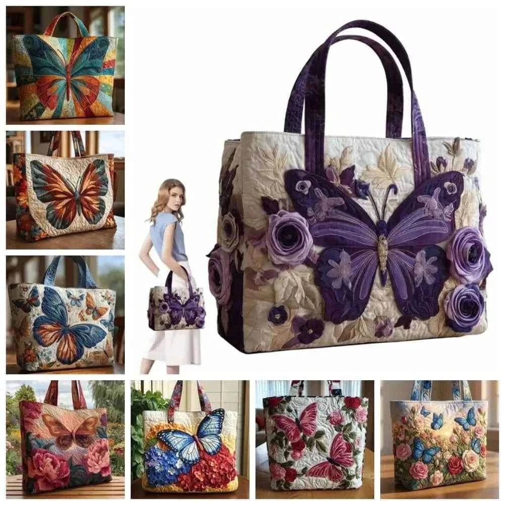 Butterfly Patterns Women Quilted Tote Bag 3D Printed Patterns Lightweight Canvas Shoulder Bag Cotton Vintage Shopping Bag