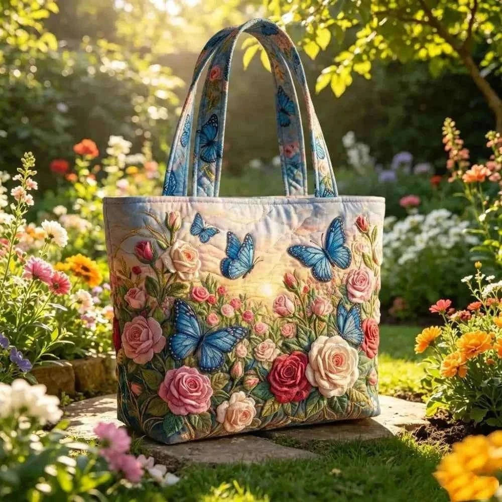 Butterfly Patterns Women Quilted Tote Bag 3D Printed Patterns Lightweight Canvas Shoulder Bag Cotton Vintage Shopping Bag