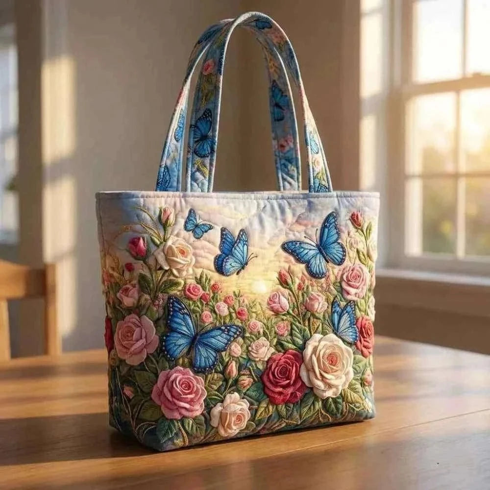 Butterfly Patterns Women Quilted Tote Bag 3D Printed Patterns Lightweight Canvas Shoulder Bag Cotton Vintage Shopping Bag