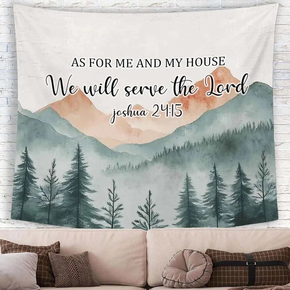 Wall tapestry with evergreen forest and verse text 'We will serve the Lord' (Joshua 2:15)