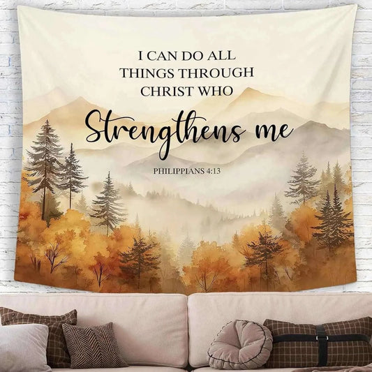 Christian Fall Mountian Wall Tapestry Hanging for Bedroom, Bible Verse I Can Do All Things Tapestries,Watercolor Autumn Orange
