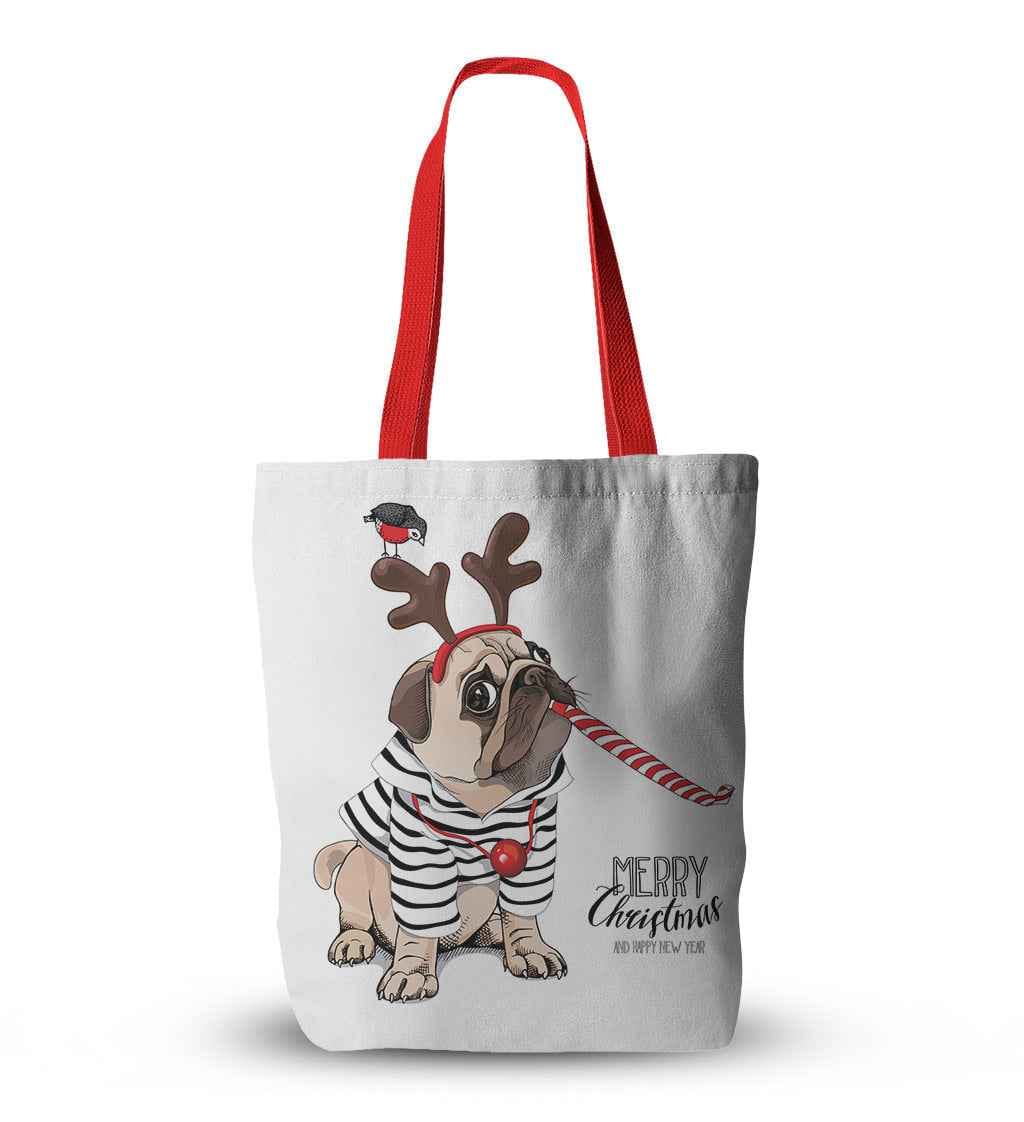 Canvas Christmas Gift Pug Canvas Print Christmas Tote Bag